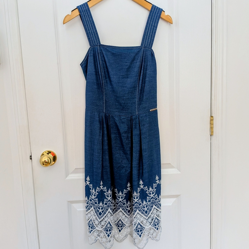 Jus d'Orange Paris Chambray Denim Dress Embroidered Lace Hem T1 (Small) #171